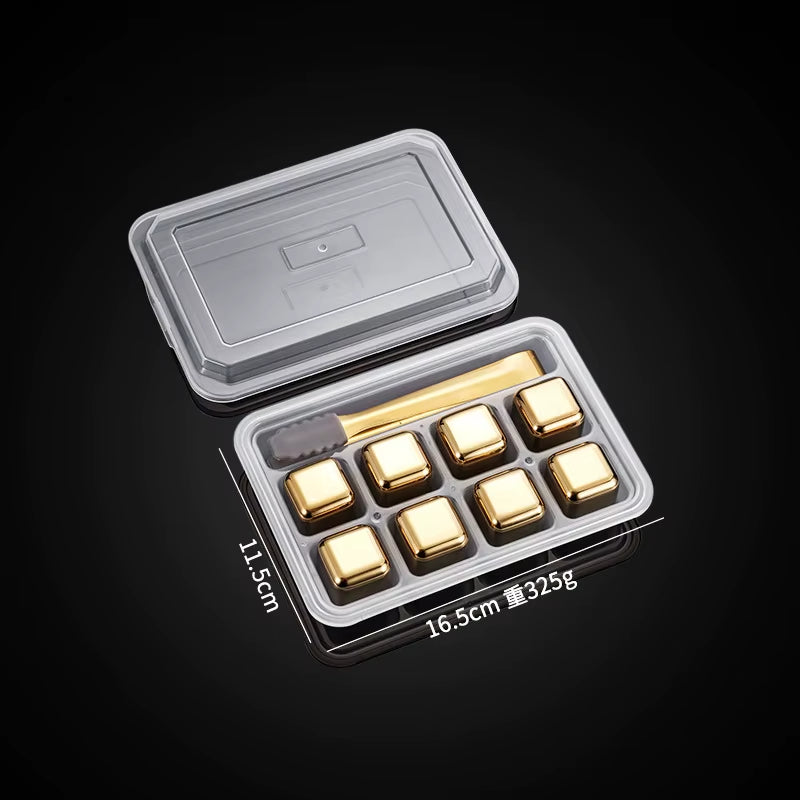 Gold and Siver Metal Cooling Rocks Reusable Ice Cubes Whiskey Steel Ice Cubes 304 Stainless Steel and with Storage Box for Vodka