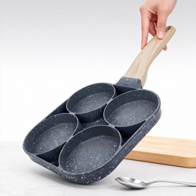 4-Hole Granite-Coated Nonstick Frying Pan Camping Stove Compatible Compact Outdoor Breakfast Pan with Wooden Handle Cook Eggs Bacon Pancakes & More All at Once Easy Clean Perfect Camping Hiking Companion
