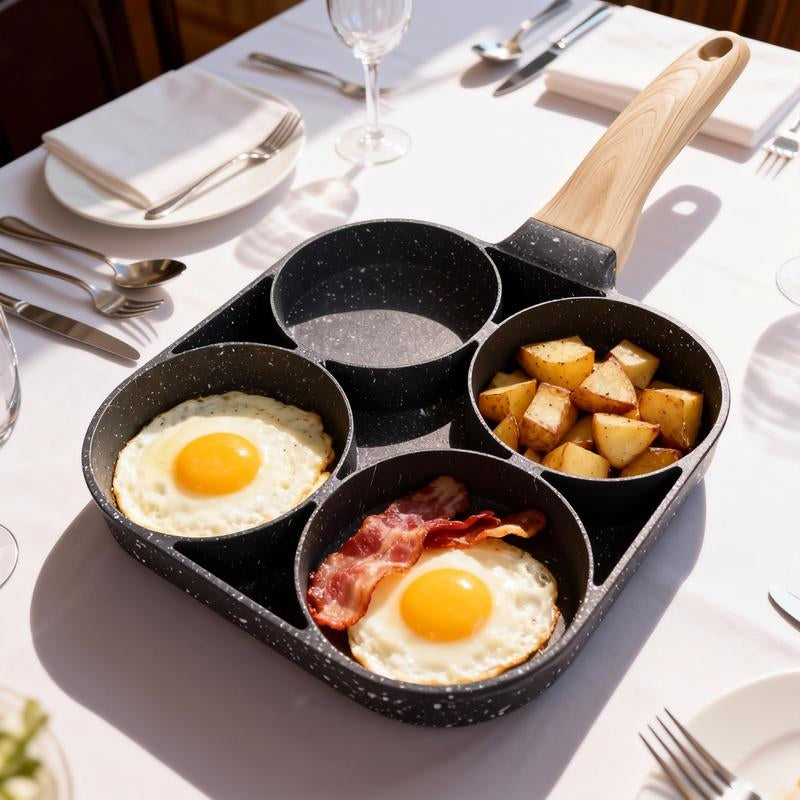 4-Hole Granite-Coated Nonstick Frying Pan Camping Stove Compatible Compact Outdoor Breakfast Pan with Wooden Handle Cook Eggs Bacon Pancakes & More All at Once Easy Clean Perfect Camping Hiking Companion