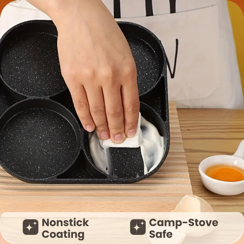 4-Hole Granite-Coated Nonstick Frying Pan Camping Stove Compatible Compact Outdoor Breakfast Pan with Wooden Handle Cook Eggs Bacon Pancakes & More All at Once Easy Clean Perfect Camping Hiking Companion