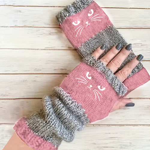 1 Pair Autumn-Winter New Cat Embroidery Color-Collision Retro Warm Fashion Open-Finger Gloves Thickened Women'S Leisure Gloves