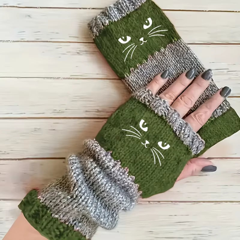 1 Pair Autumn-Winter New Cat Embroidery Color-Collision Retro Warm Fashion Open-Finger Gloves Thickened Women'S Leisure Gloves