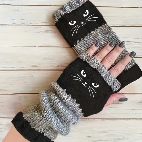 1 Pair Autumn-Winter New Cat Embroidery Color-Collision Retro Warm Fashion Open-Finger Gloves Thickened Women'S Leisure Gloves