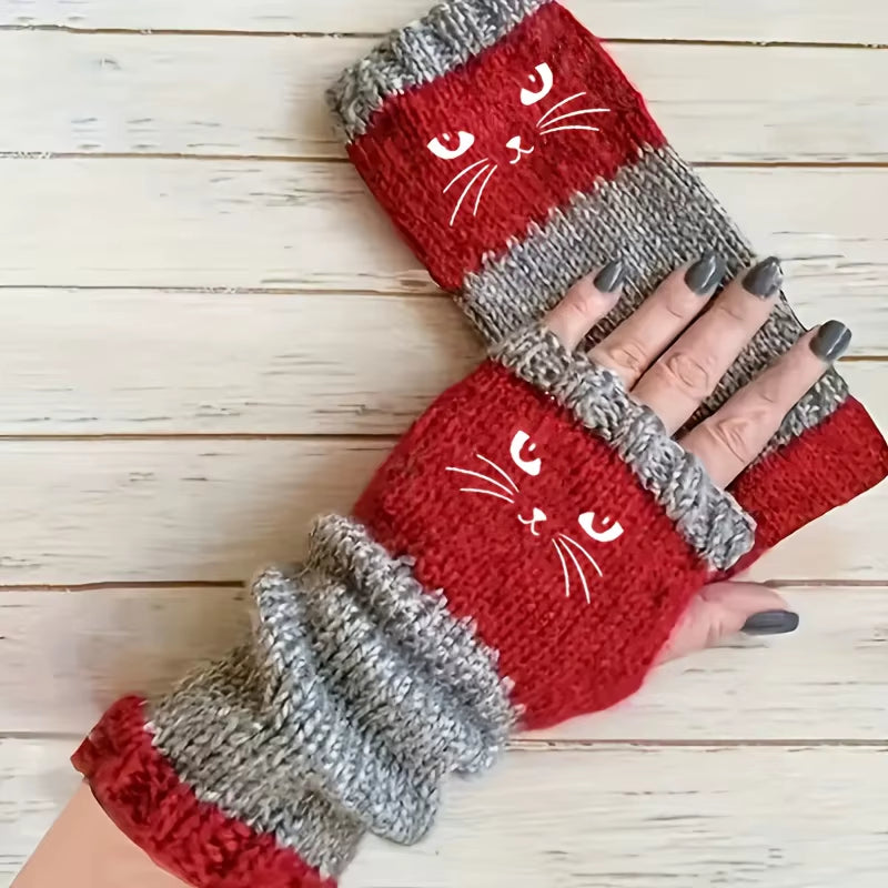 1 Pair Autumn-Winter New Cat Embroidery Color-Collision Retro Warm Fashion Open-Finger Gloves Thickened Women'S Leisure Gloves