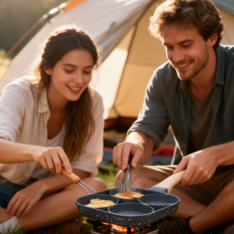 4-Hole Granite-Coated Nonstick Frying Pan Camping Stove Compatible Compact Outdoor Breakfast Pan with Wooden Handle Cook Eggs Bacon Pancakes & More All at Once Easy Clean Perfect Camping Hiking Companion