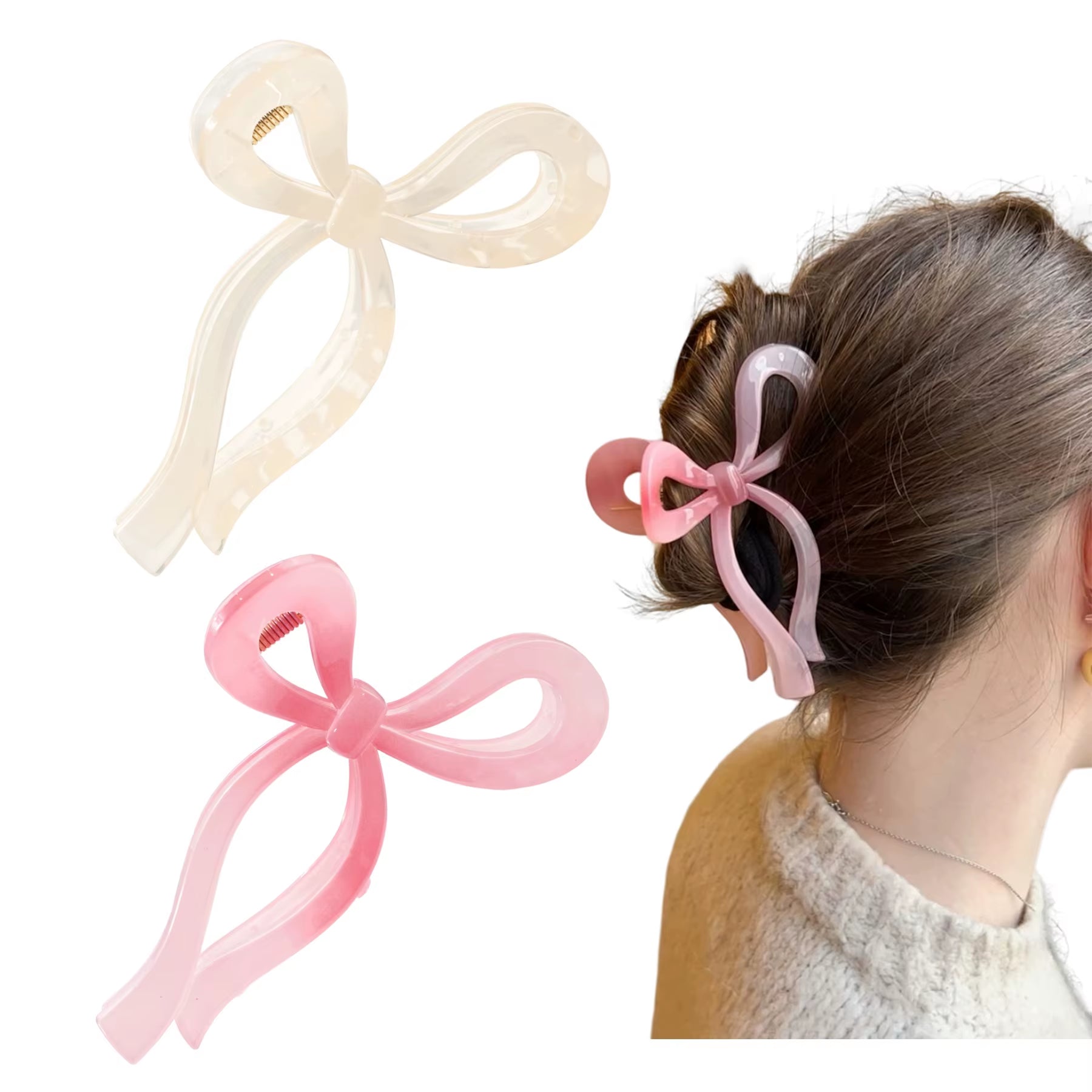 2Pcs Bows Claw Clips 2 Colors Hair Bows for Girls Ribbon Hair Clips Bow Trend Claw Clips for Thick Hair Pink Coquette Bows Clips