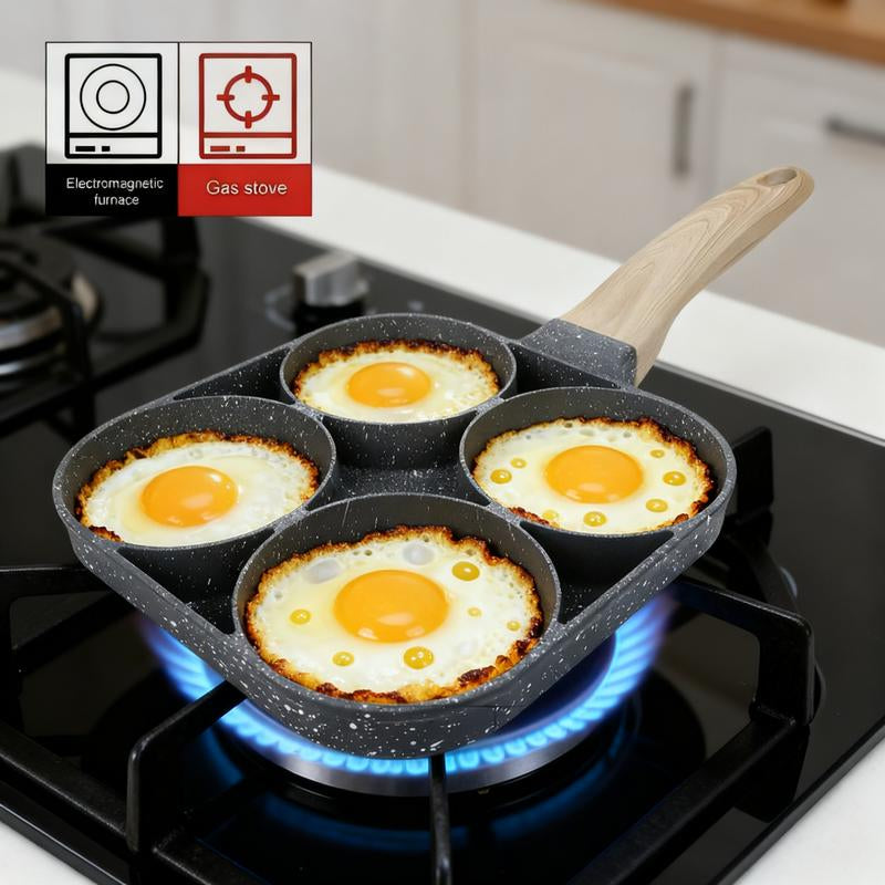 4-Hole Granite-Coated Nonstick Frying Pan Camping Stove Compatible Compact Outdoor Breakfast Pan with Wooden Handle Cook Eggs Bacon Pancakes & More All at Once Easy Clean Perfect Camping Hiking Companion