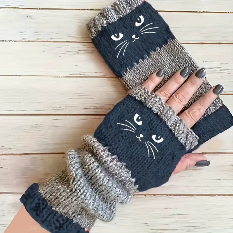 1 Pair Autumn-Winter New Cat Embroidery Color-Collision Retro Warm Fashion Open-Finger Gloves Thickened Women'S Leisure Gloves